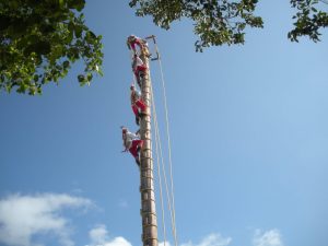 4 Personen erklimmen einen Mast.